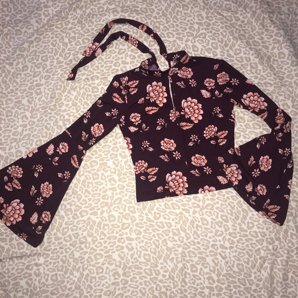 Forever 21 Small Floral Cropped Bell Sleeve Top